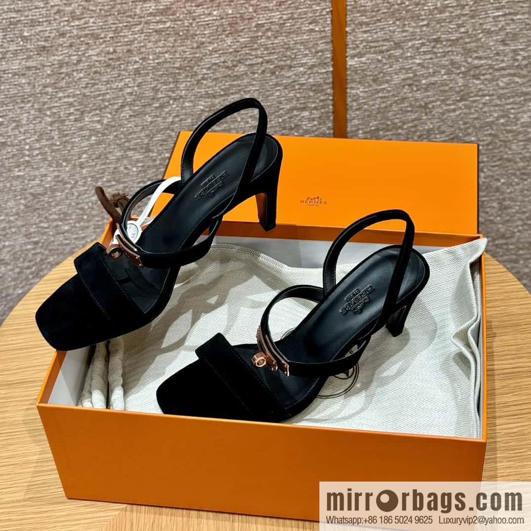 HERMES 160 Glamour sandals 75 ck89/black/black, suede/Chamois leather