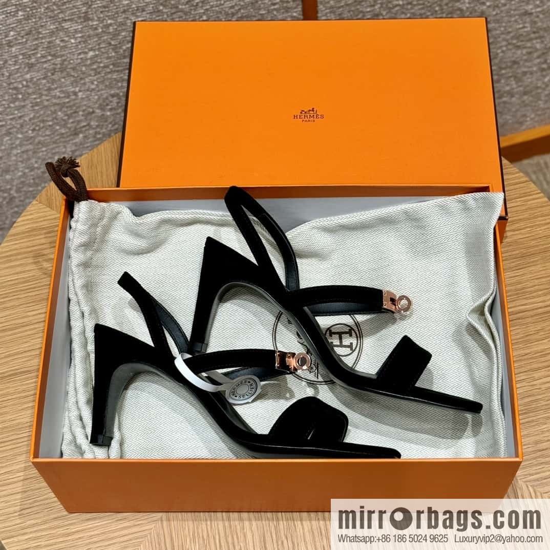 HERMES 160 Glamour sandals 75 ck89/black/black, suede/Chamois leather