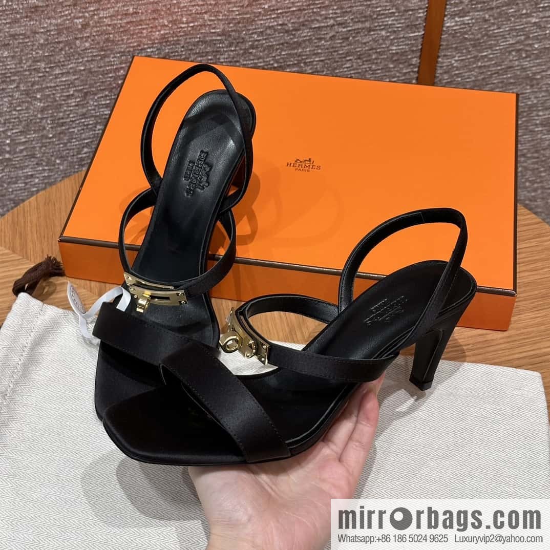 HERMES 160 Glamour sandals 75 ck89/black/black, crepe satin/Crepe satin