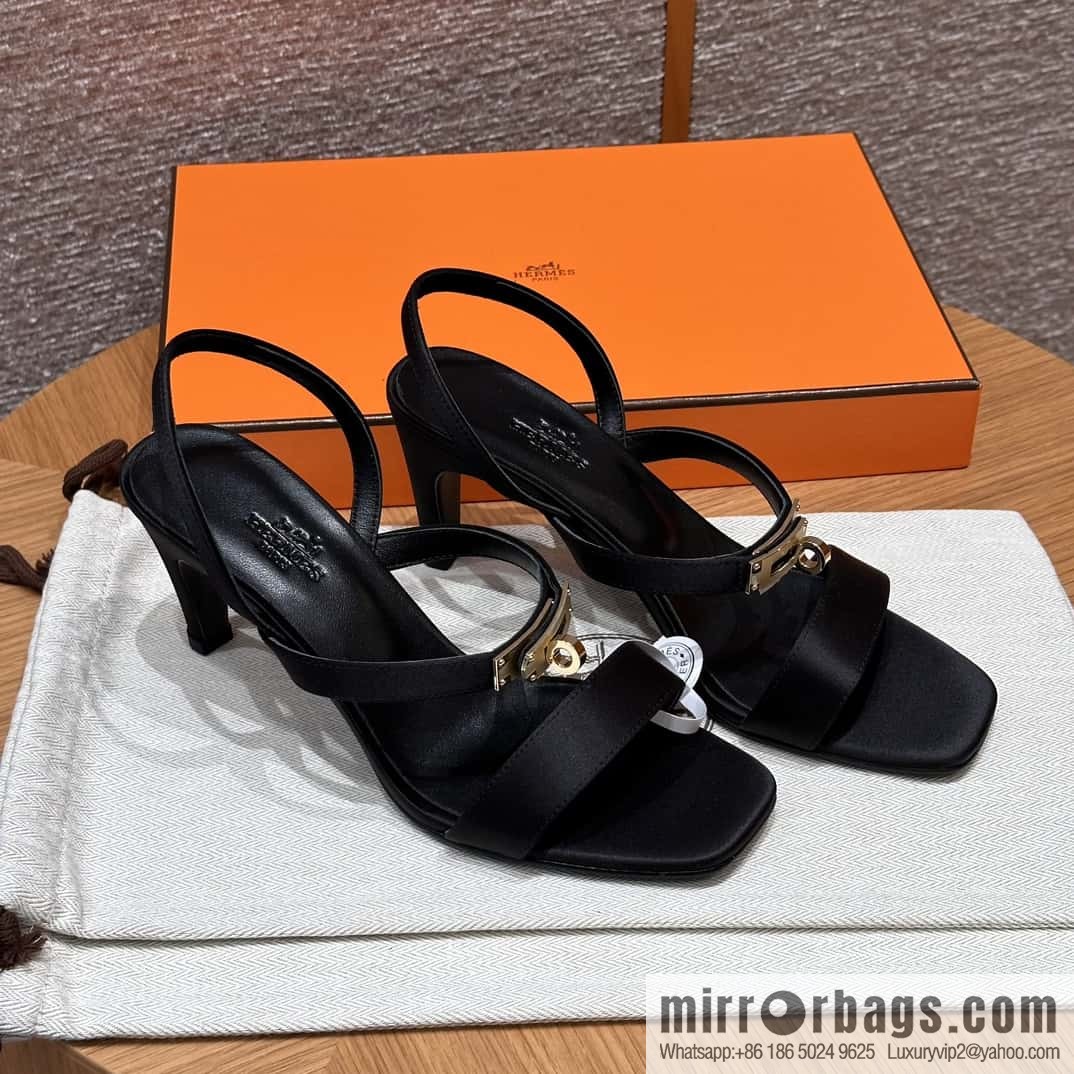 HERMES 160 Glamour sandals 75 ck89/black/black, crepe satin/Crepe satin