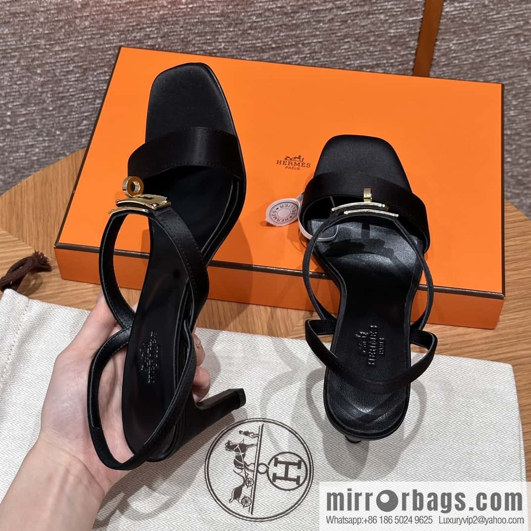 HERMES 160 Glamour sandals 75 ck89/black/black, crepe satin/Crepe satin