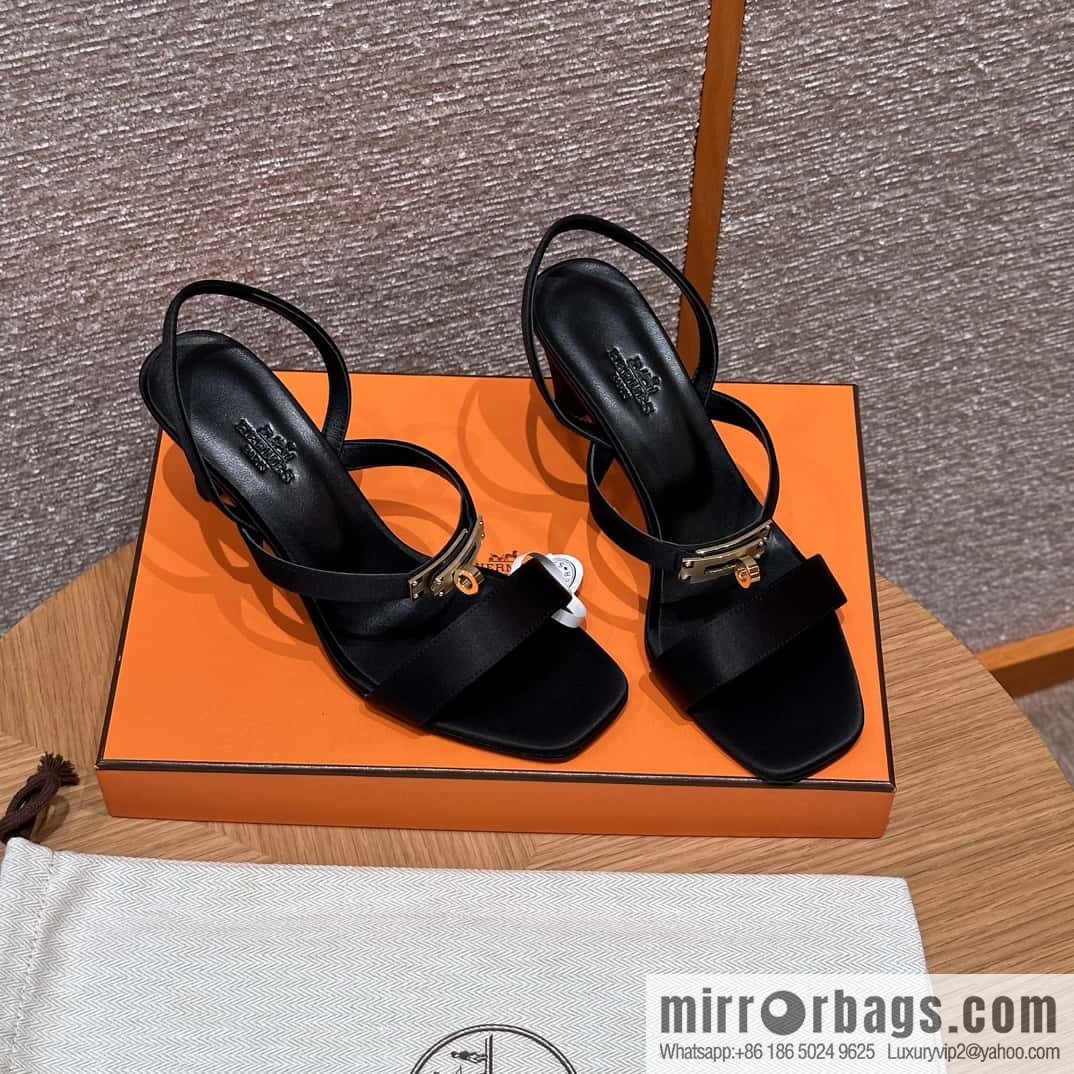 HERMES 160 Glamour sandals 75 ck89/black/black, crepe satin/Crepe satin