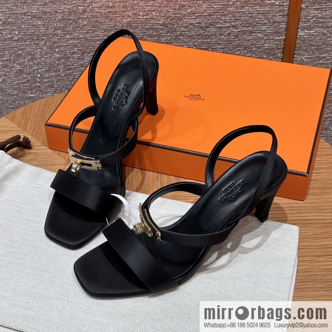 HERMES 160 Glamour sandals 75 ck89/black/black, crepe satin/Crepe satin