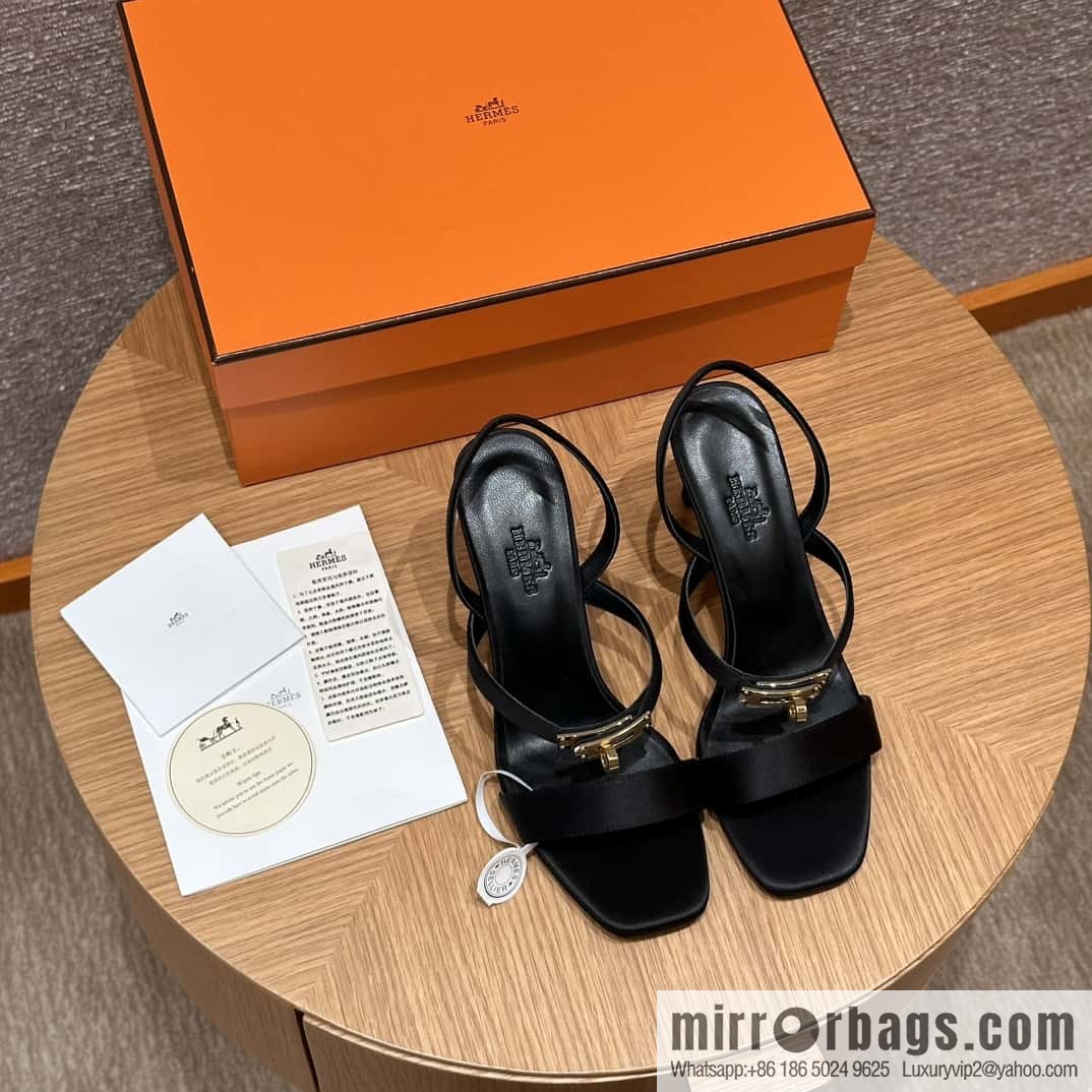 HERMES 160 Glamour sandals 75 ck89/black/black, crepe satin/Crepe satin