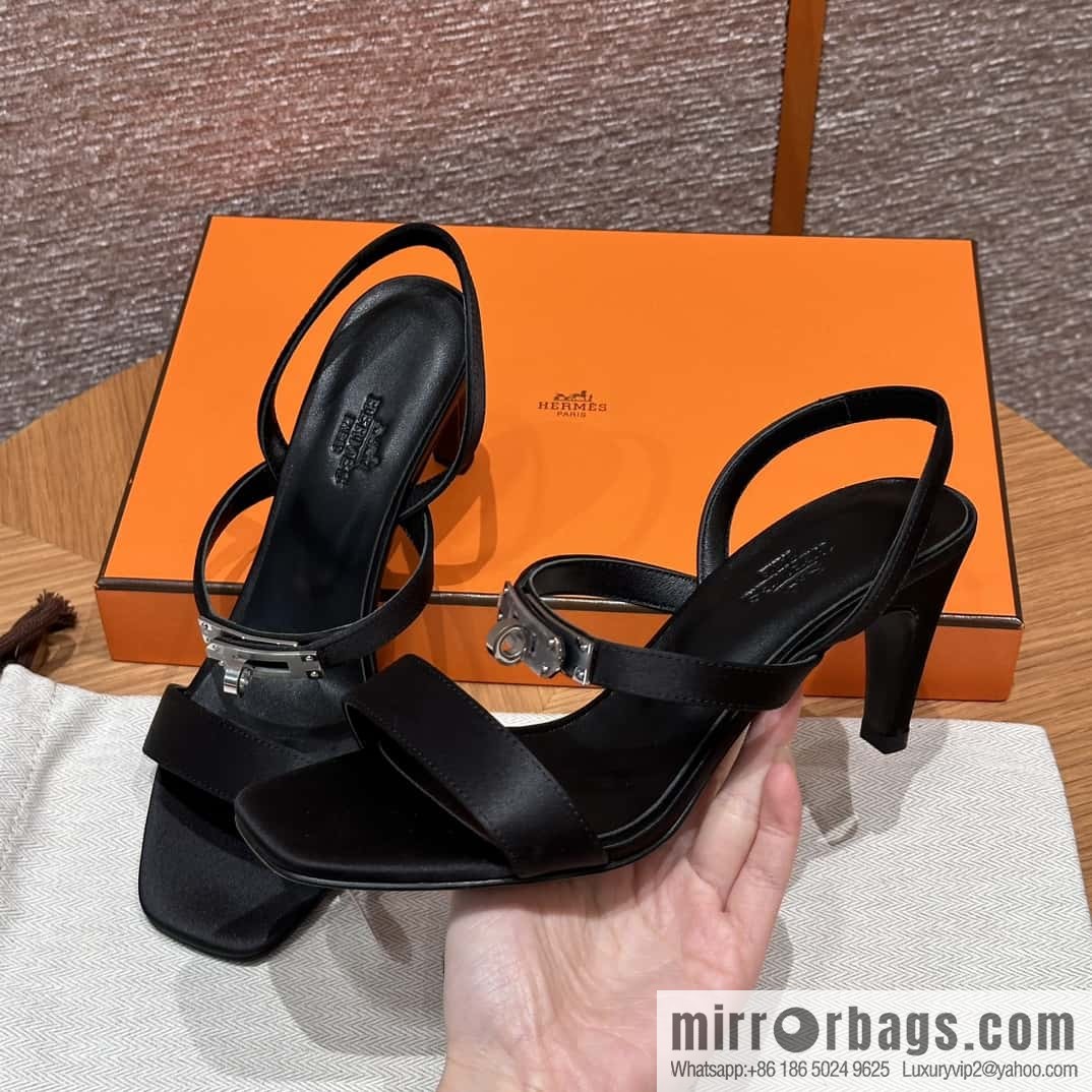 HERMES 160 Glamour sandals 75 ck89/black/black, crepe satin/Crepe satin