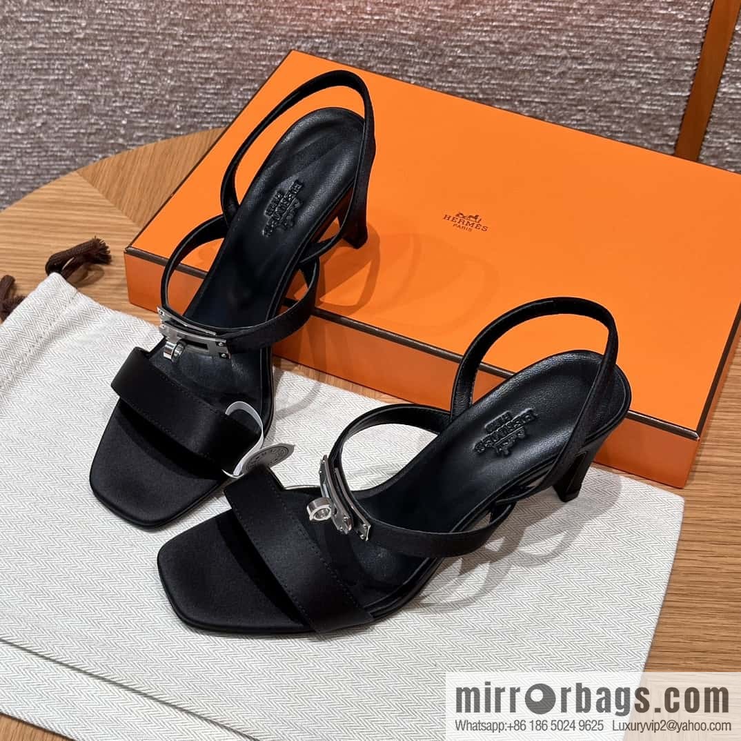 HERMES 160 Glamour sandals 75 ck89/black/black, crepe satin/Crepe satin