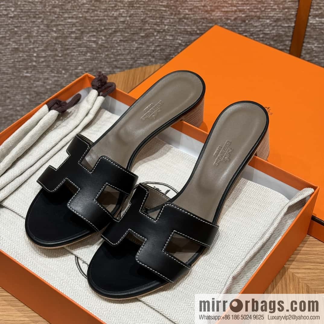 HERMES 185 Oasis High Heel Sandals, Black/ck89/noir /Swift