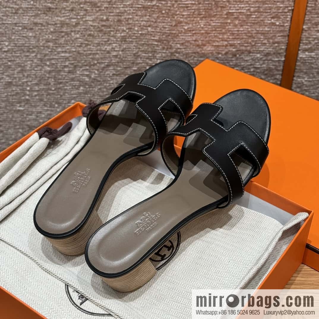 HERMES 185 Oasis High Heel Sandals, Black/ck89/noir /Swift