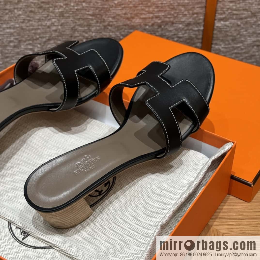 HERMES 185 Oasis High Heel Sandals, Black/ck89/noir /Swift
