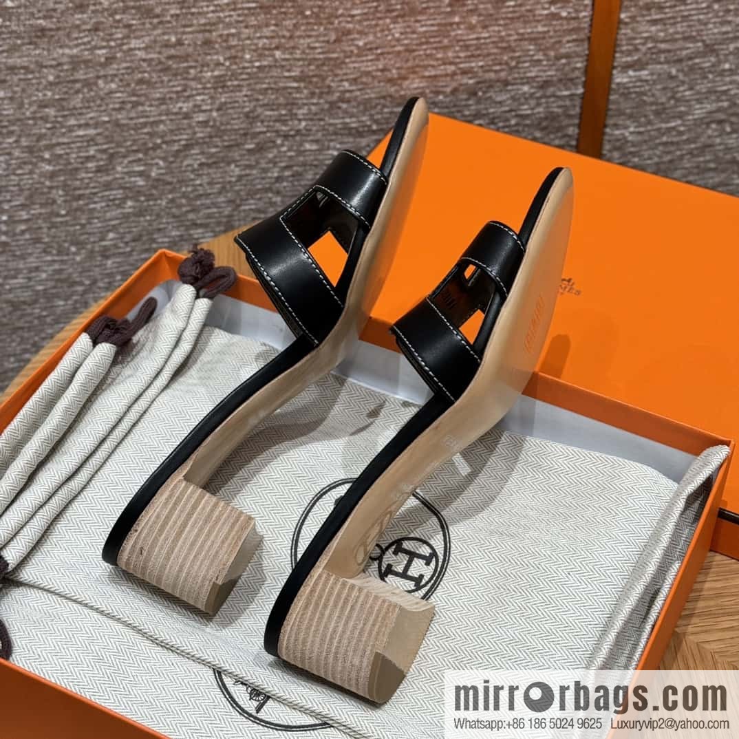 HERMES 185 Oasis High Heel Sandals, Black/ck89/noir /Swift