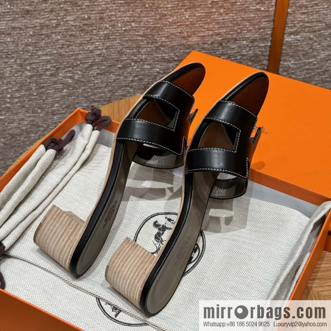 HERMES 185 Oasis High Heel Sandals, Black/ck89/noir /Swift