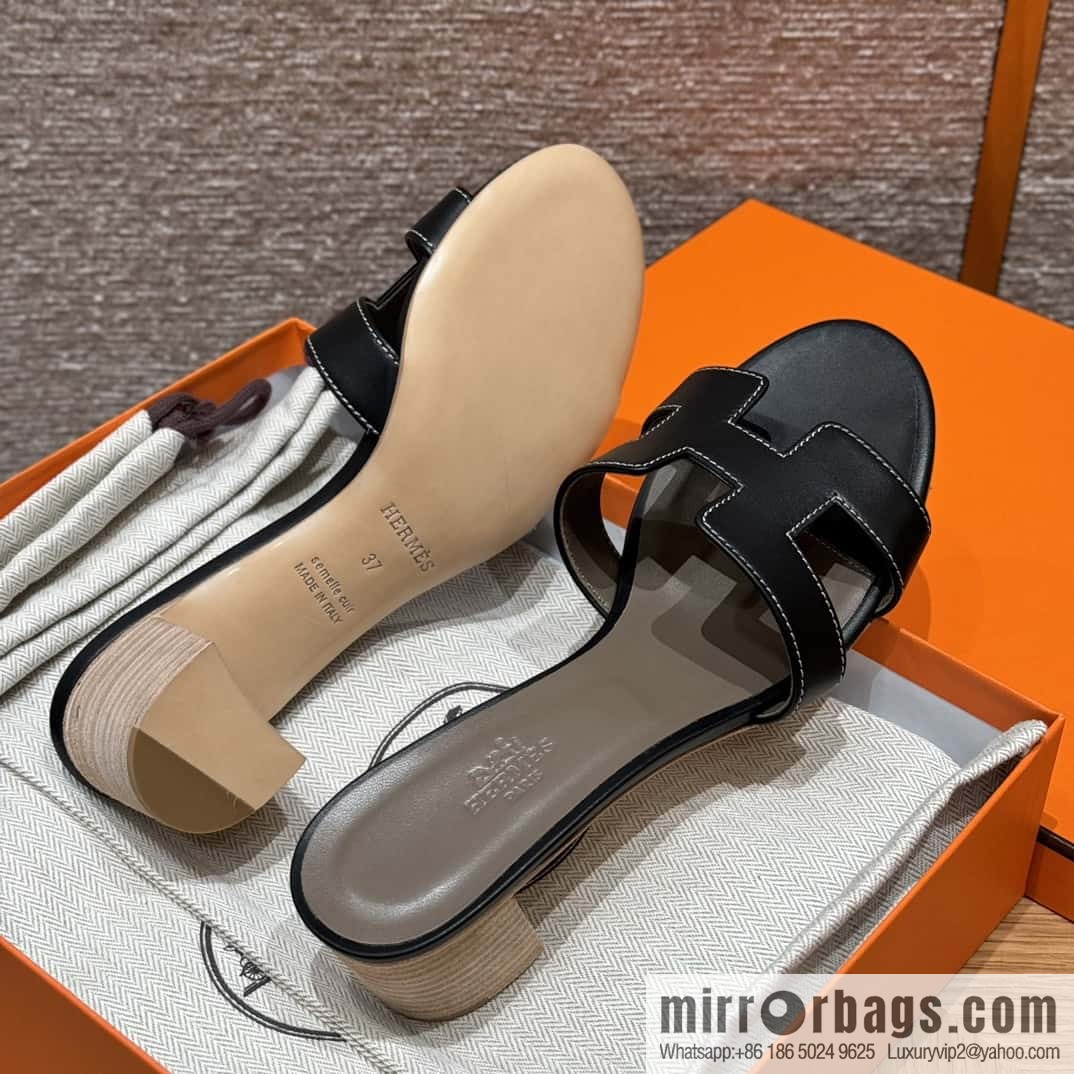 HERMES 185 Oasis High Heel Sandals, Black/ck89/noir /Swift