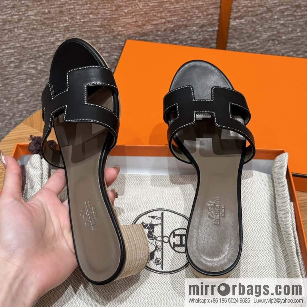 HERMES 185 Oasis High Heel Sandals, Black/ck89/noir /Swift