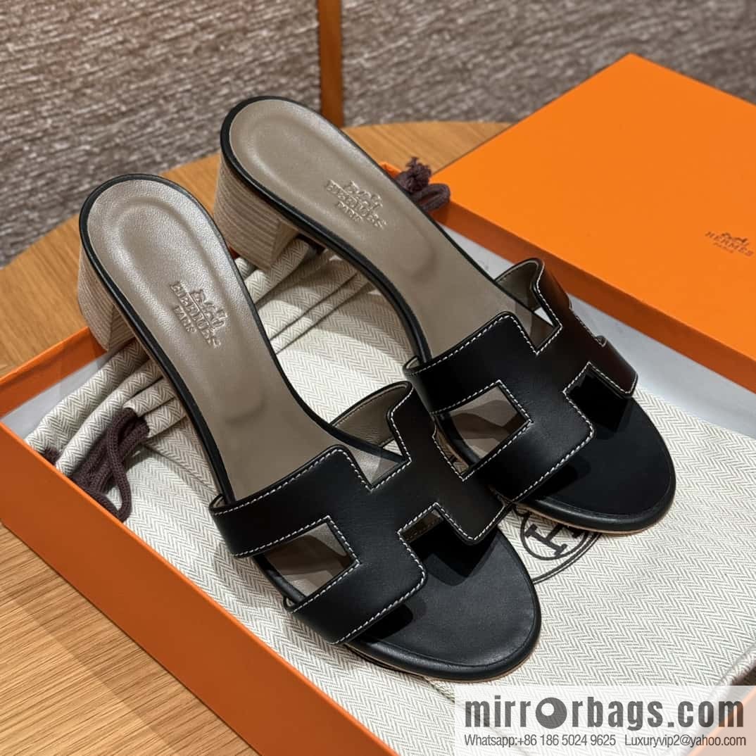 HERMES 185 Oasis High Heel Sandals, Black/ck89/noir /Swift