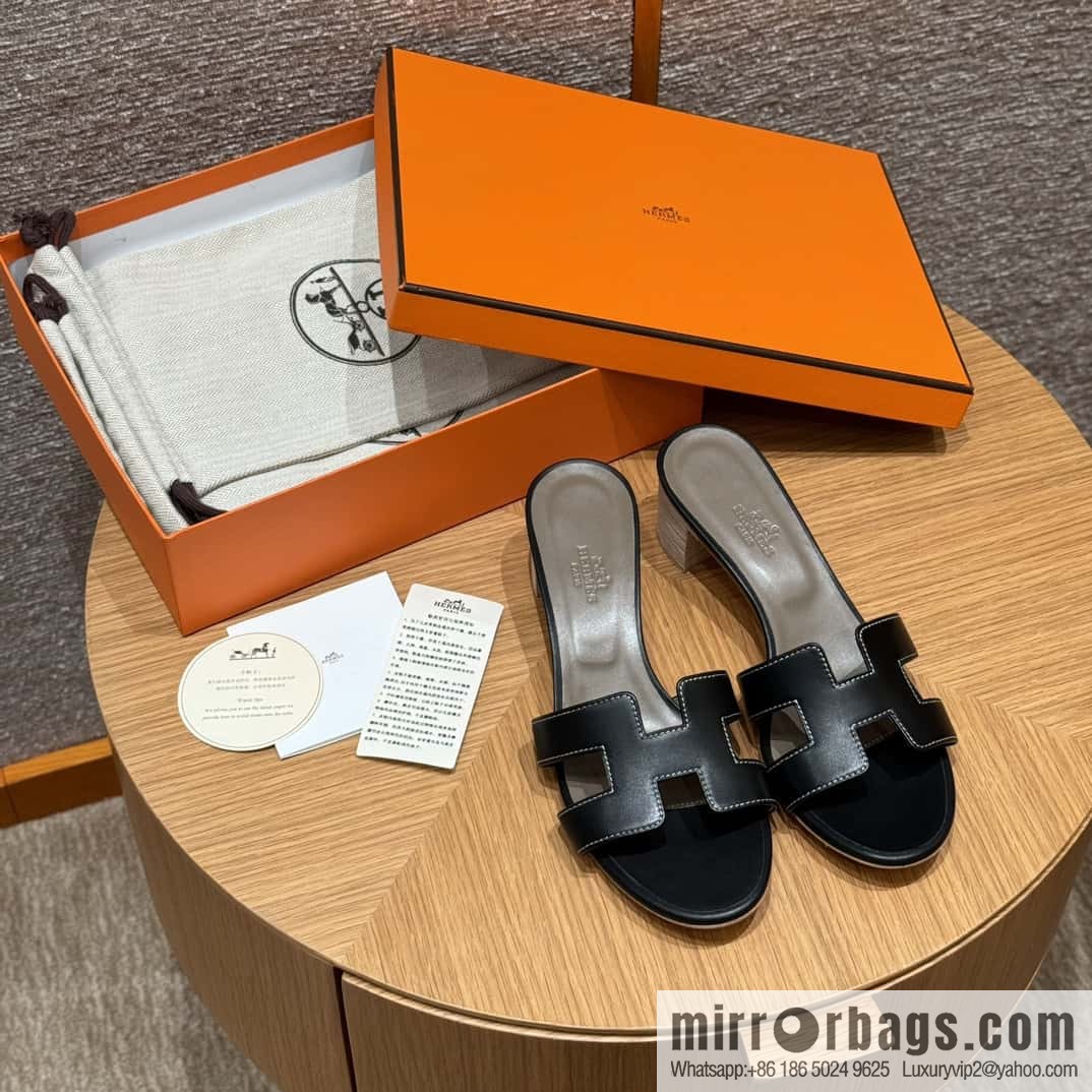 HERMES 185 Oasis High Heel Sandals, Black/ck89/noir /Swift