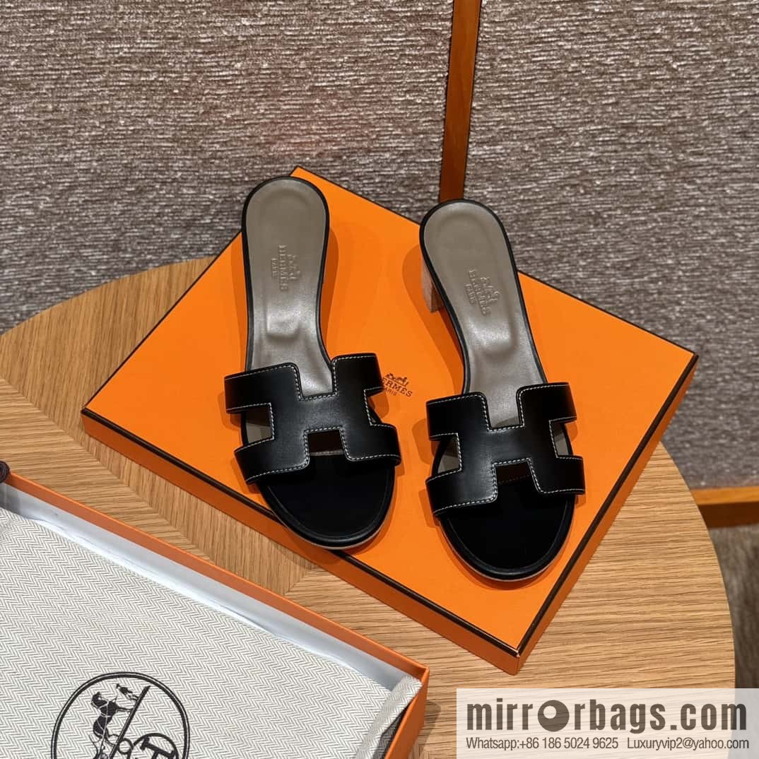 HERMES 185 Oasis High Heel Sandals, Black/ck89/noir /Swift