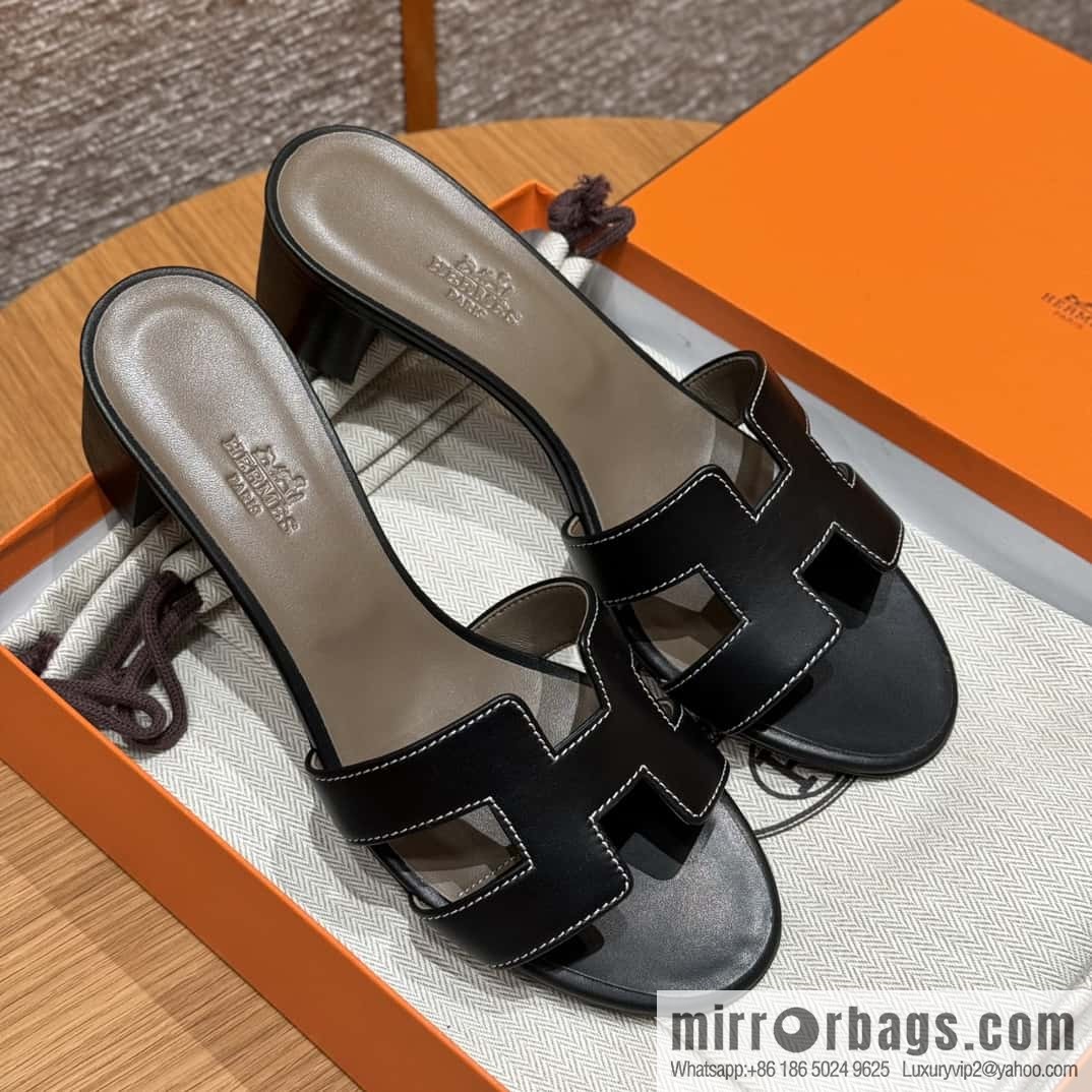 HERMES 185 Oasis High Heel Sandals, Black/ck89/noir /Swift