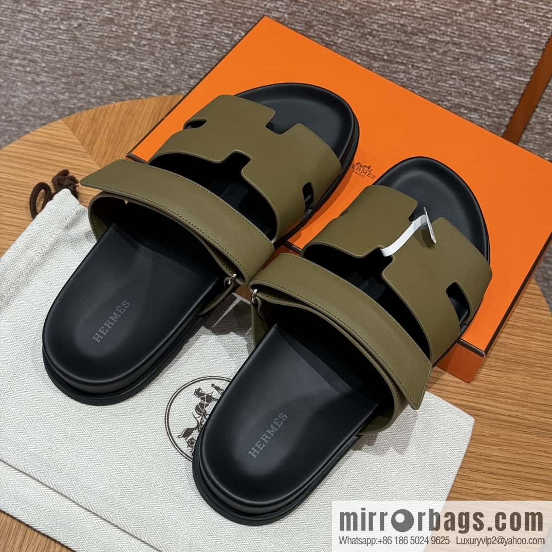 HERMES 180 CHYPRE SANDAL uncle shoes, army green/army green lambskin/Natural lambskin lininh