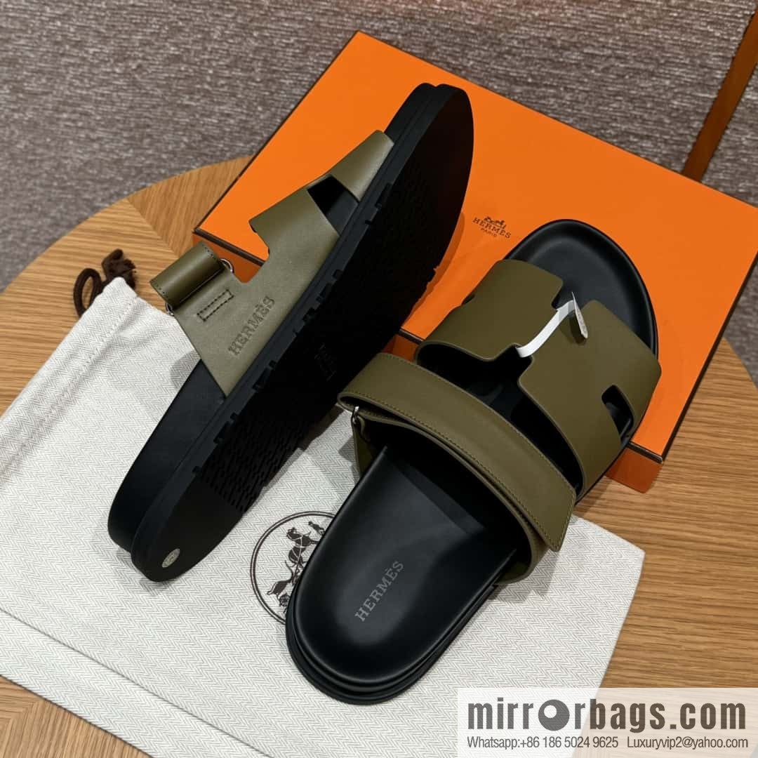 HERMES 180 CHYPRE SANDAL uncle shoes, army green/army green lambskin/Natural lambskin lininh