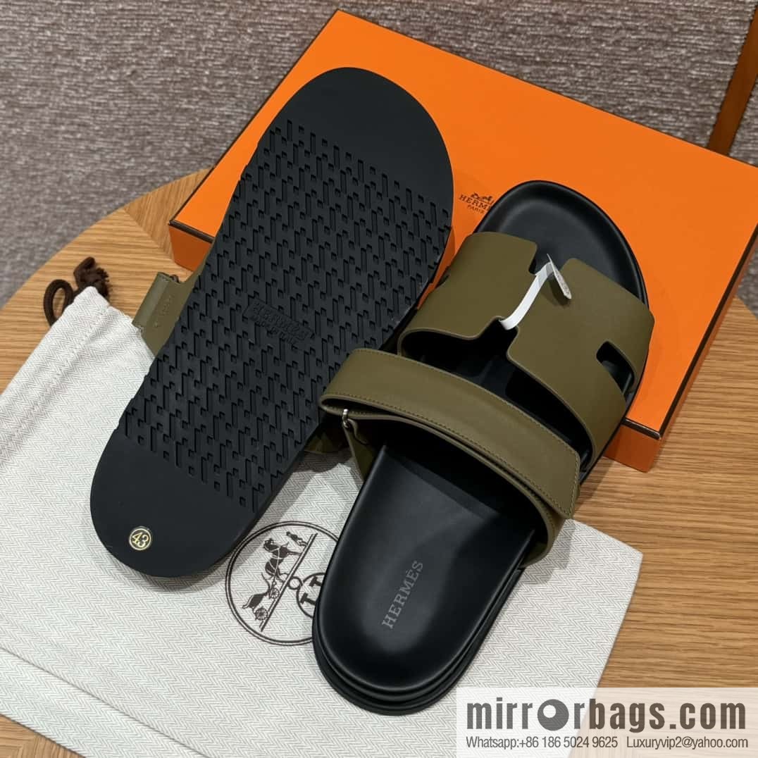 HERMES 180 CHYPRE SANDAL uncle shoes, army green/army green lambskin/Natural lambskin lininh