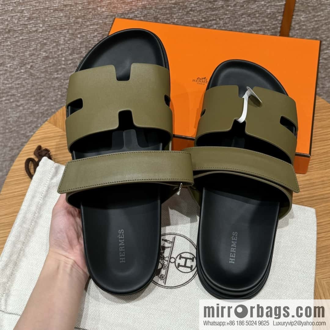 HERMES 180 CHYPRE SANDAL uncle shoes, army green/army green lambskin/Natural lambskin lininh