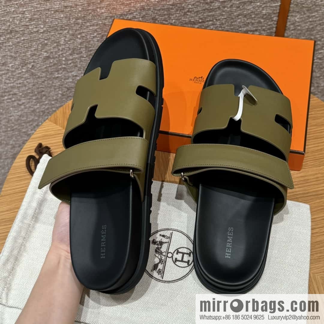 HERMES 180 CHYPRE SANDAL uncle shoes, army green/army green lambskin/Natural lambskin lininh