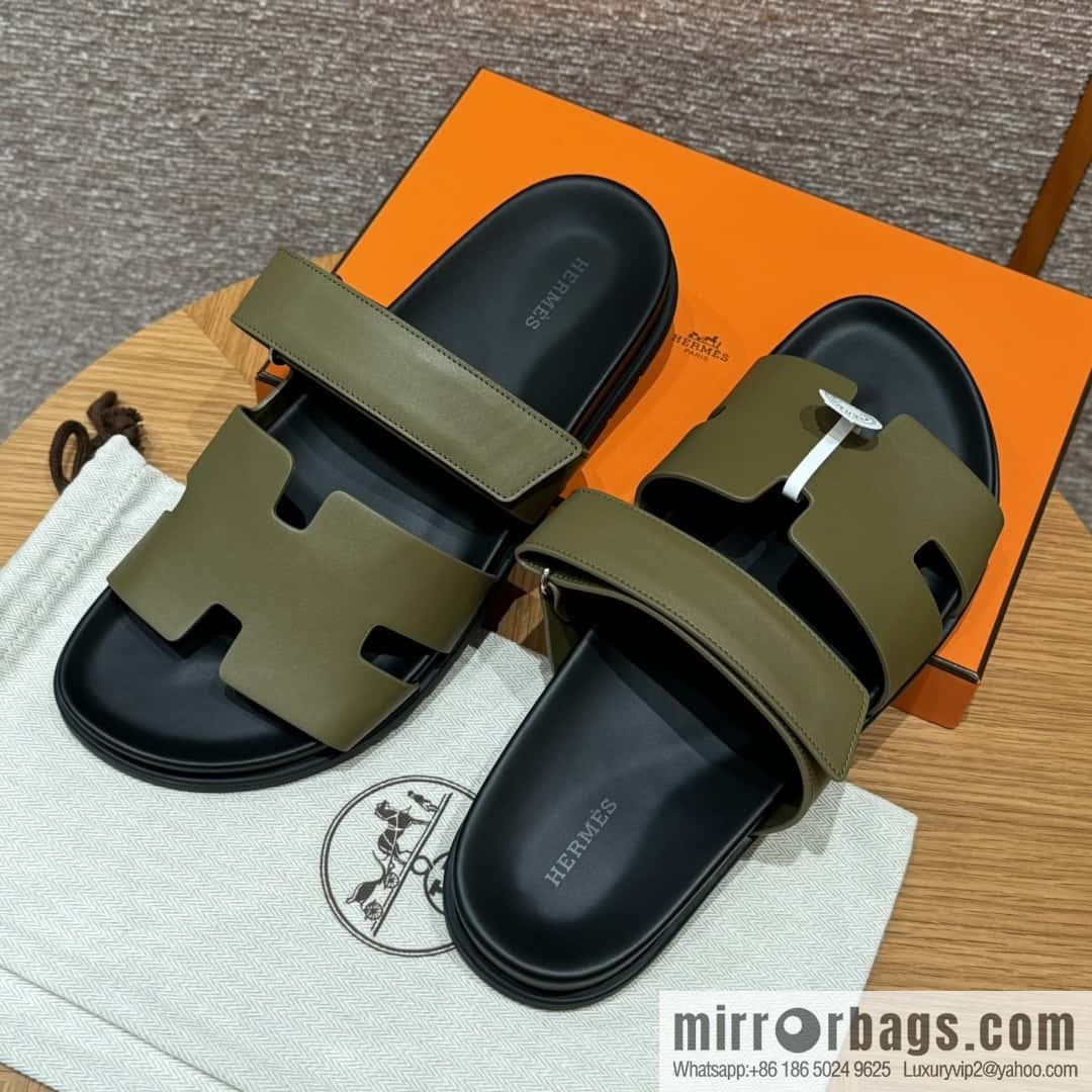 HERMES 180 CHYPRE SANDAL uncle shoes, army green/army green lambskin/Natural lambskin lininh