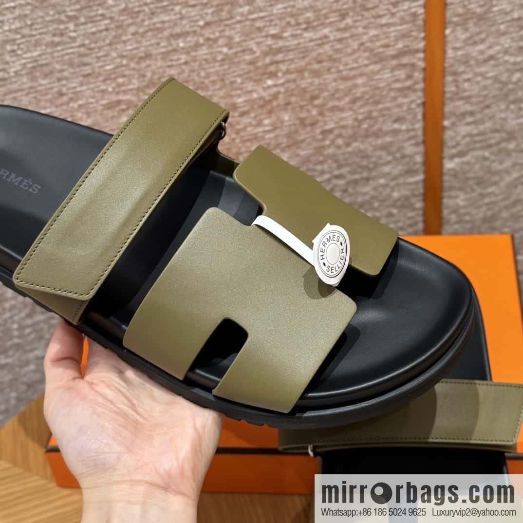 HERMES 180 CHYPRE SANDAL uncle shoes, army green/army green lambskin/Natural lambskin lininh