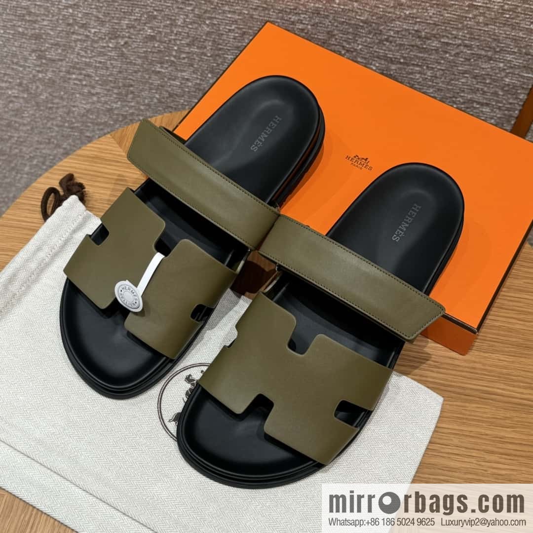 HERMES 180 CHYPRE SANDAL uncle shoes, army green/army green lambskin/Natural lambskin lininh