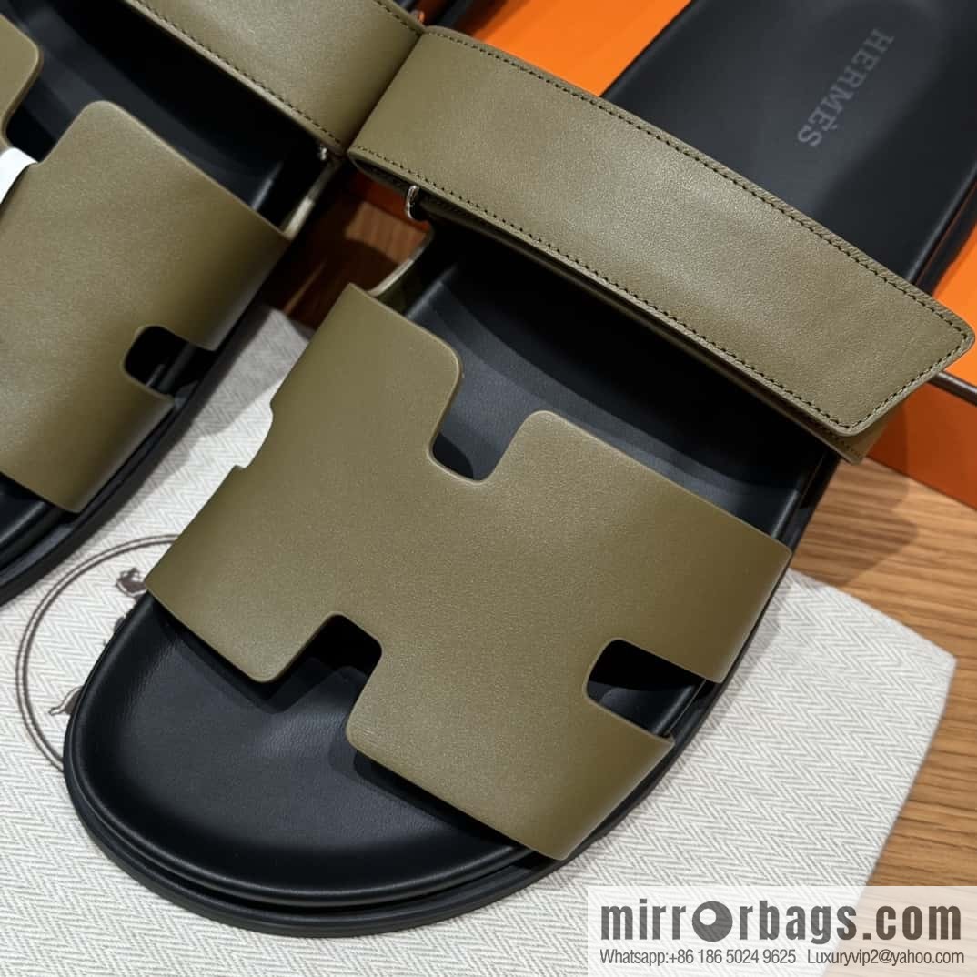 HERMES 180 CHYPRE SANDAL uncle shoes, army green/army green lambskin/Natural lambskin lininh