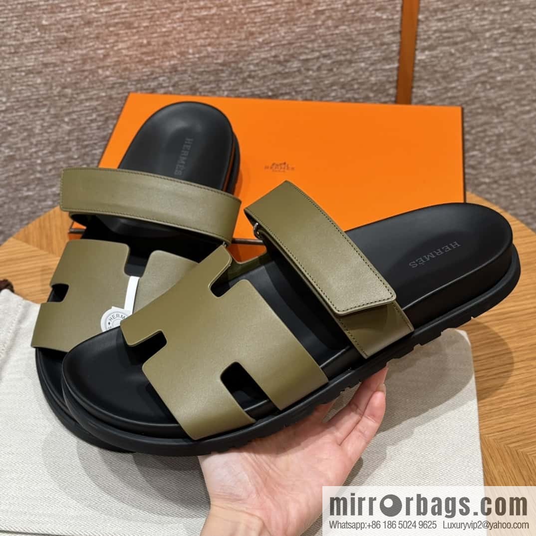 HERMES 180 CHYPRE SANDAL uncle shoes, army green/army green lambskin/Natural lambskin lininh