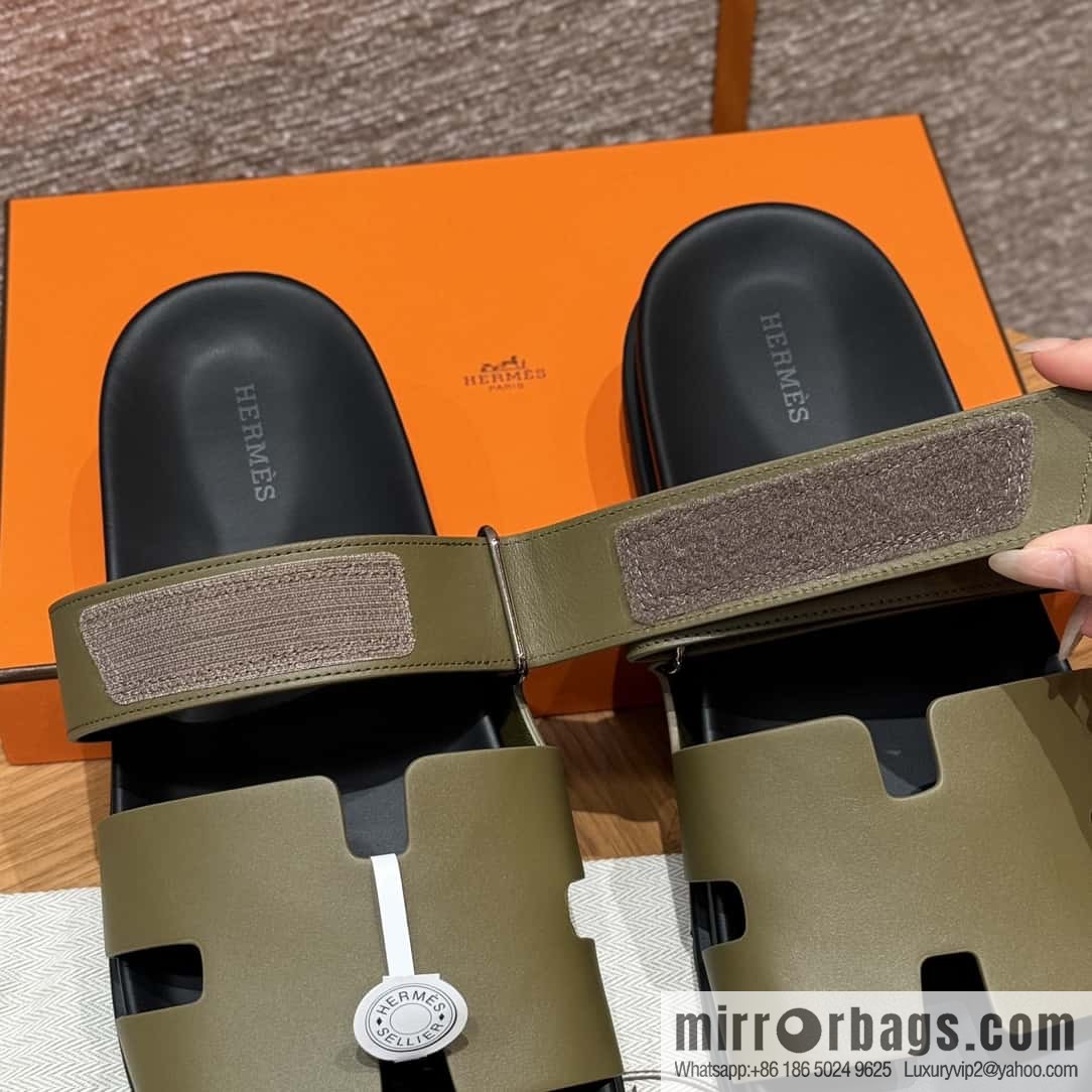 HERMES 180 CHYPRE SANDAL uncle shoes, army green/army green lambskin/Natural lambskin lininh