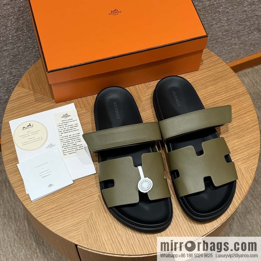HERMES 180 CHYPRE SANDAL uncle shoes, army green/army green lambskin/Natural lambskin lininh