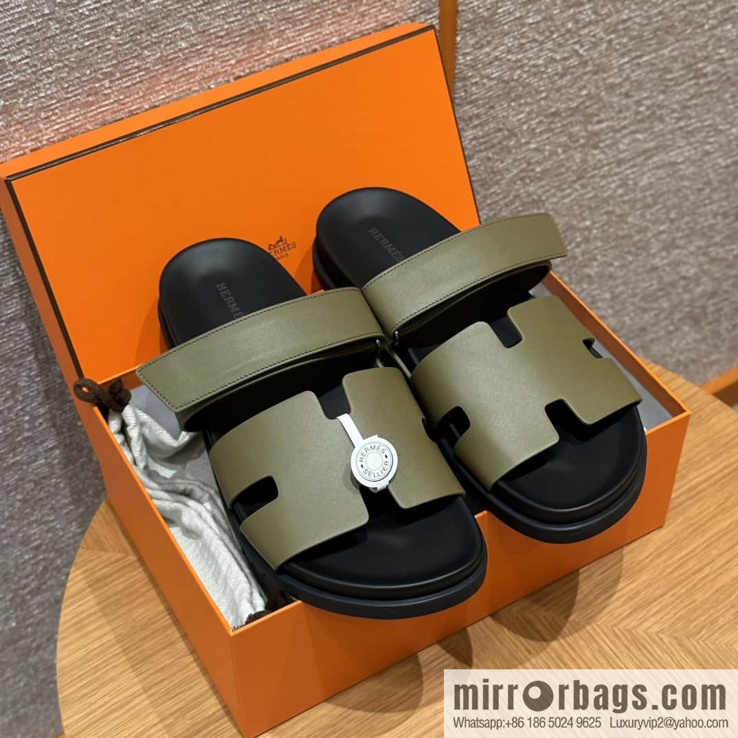 HERMES 180 CHYPRE SANDAL uncle shoes, army green/army green lambskin/Natural lambskin lininh