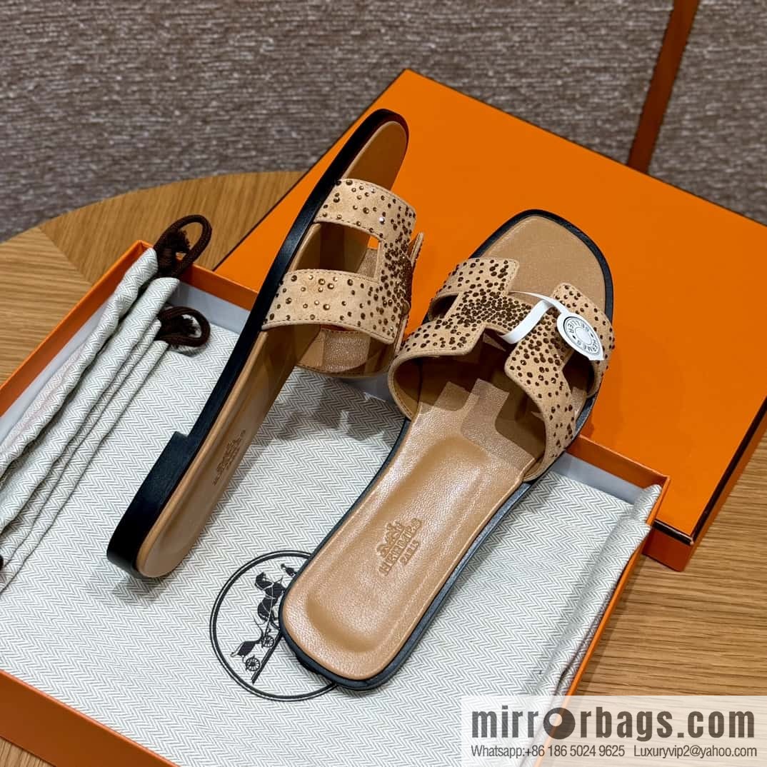 HERMES 181 Oran slippers, apricot/Apricot color suede suede/diamond/Chamois leather/drilling/Chever