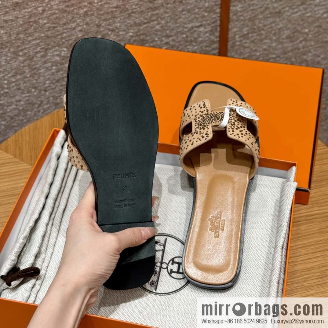 HERMES 181 Oran slippers, apricot/Apricot color suede suede/diamond/Chamois leather/drilling/Chever