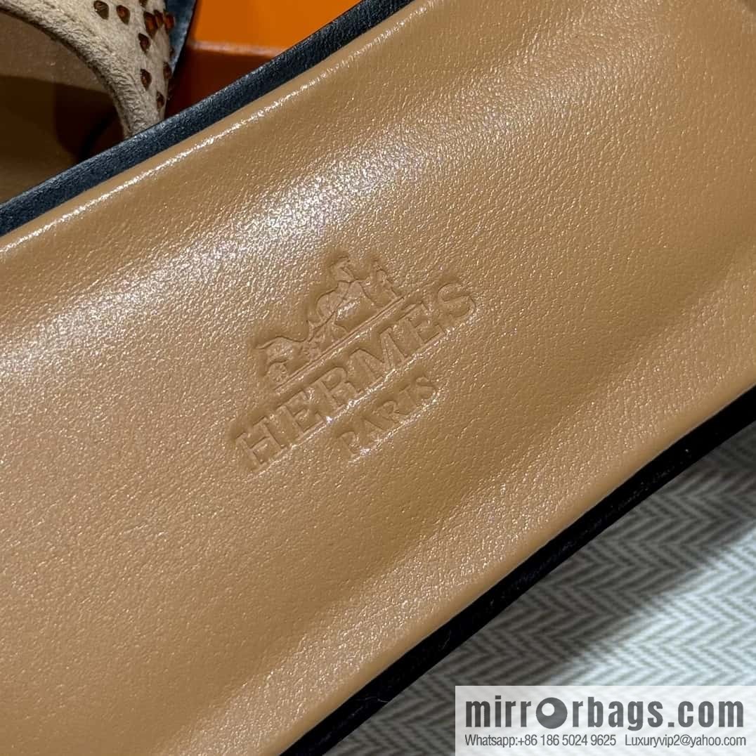 HERMES 181 Oran slippers, apricot/Apricot color suede suede/diamond/Chamois leather/drilling/Chever