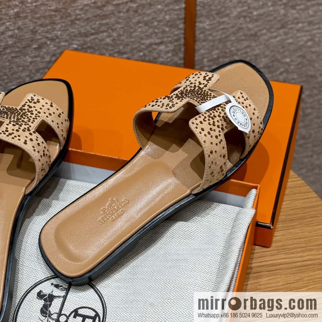 HERMES 181 Oran slippers, apricot/Apricot color suede suede/diamond/Chamois leather/drilling/Chever