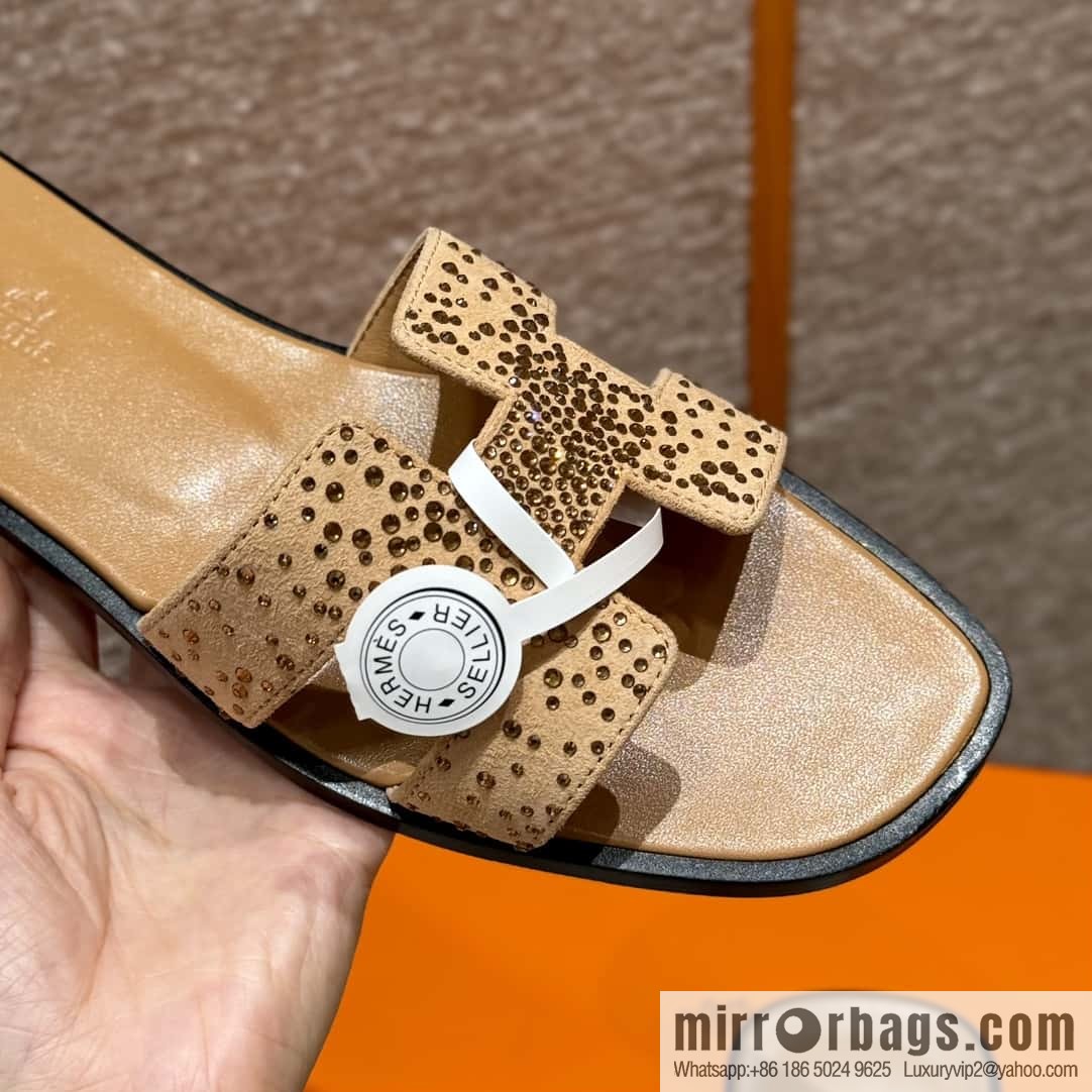 HERMES 181 Oran slippers, apricot/Apricot color suede suede/diamond/Chamois leather/drilling/Chever