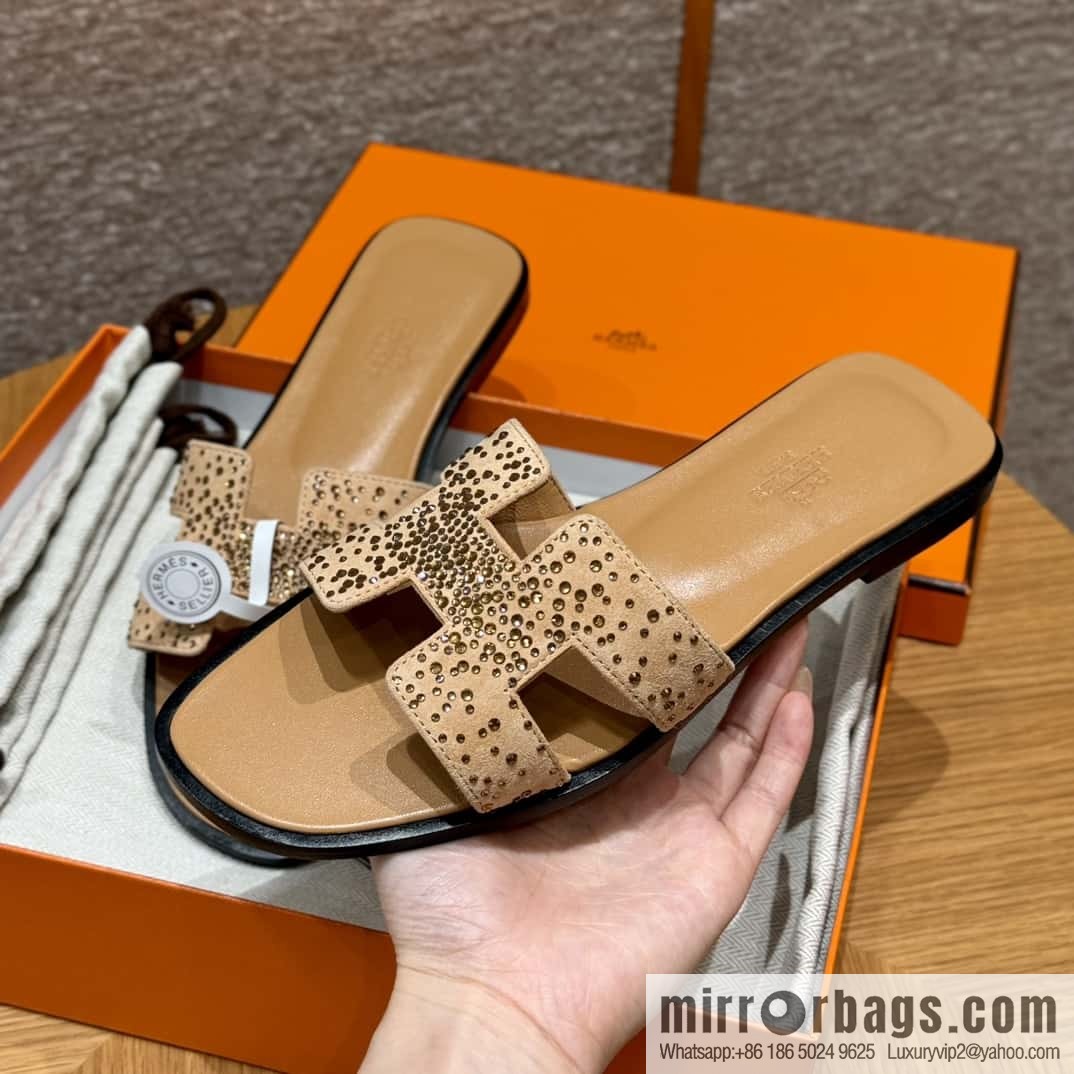 HERMES 181 Oran slippers, apricot/Apricot color suede suede/diamond/Chamois leather/drilling/Chever