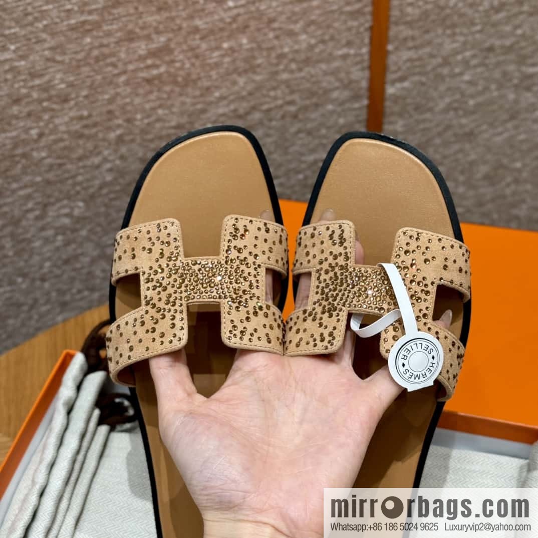 HERMES 181 Oran slippers, apricot/Apricot color suede suede/diamond/Chamois leather/drilling/Chever