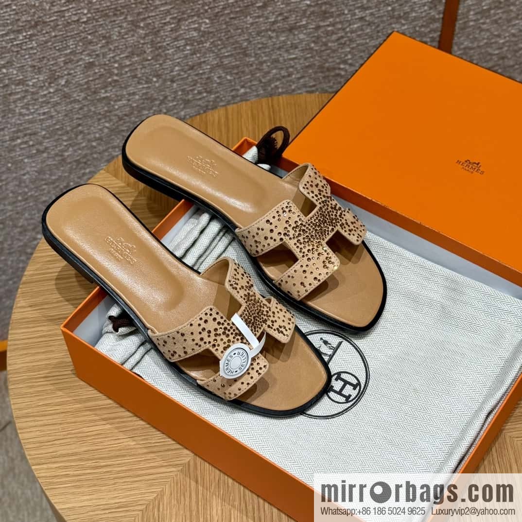 HERMES 181 Oran slippers, apricot/Apricot color suede suede/diamond/Chamois leather/drilling/Chever
