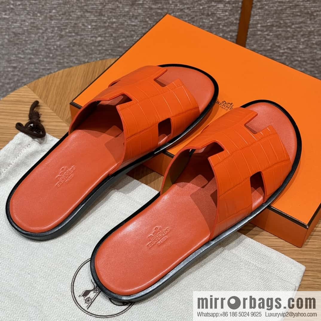 HERMES 182 -Lzmir Men's slippers 93/Orange/Orange alligator/Crocodile🐊