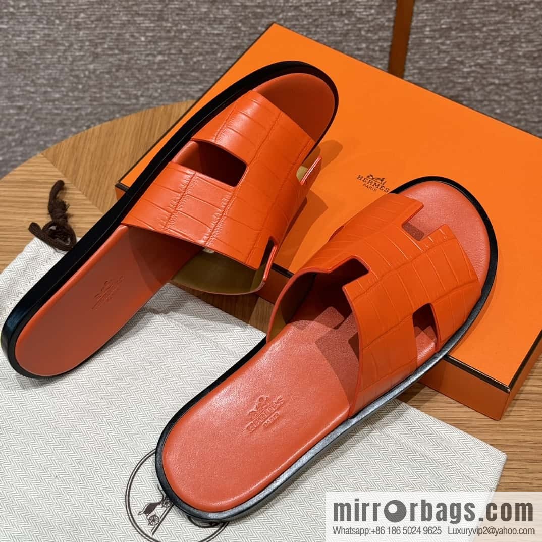 HERMES 182 -Lzmir Men's slippers 93/Orange/Orange alligator/Crocodile🐊