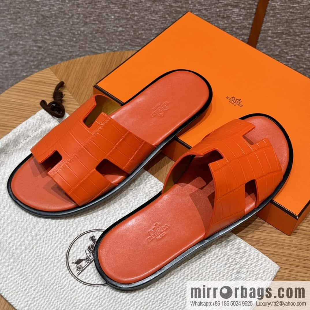 HERMES 182 -Lzmir Men's slippers 93/Orange/Orange alligator/Crocodile🐊