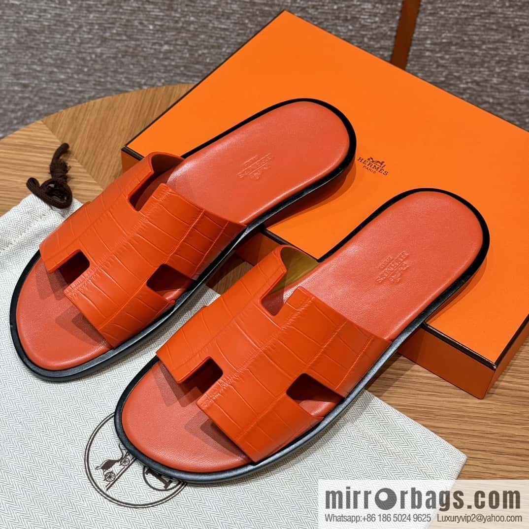 HERMES 182 -Lzmir Men's slippers 93/Orange/Orange alligator/Crocodile🐊