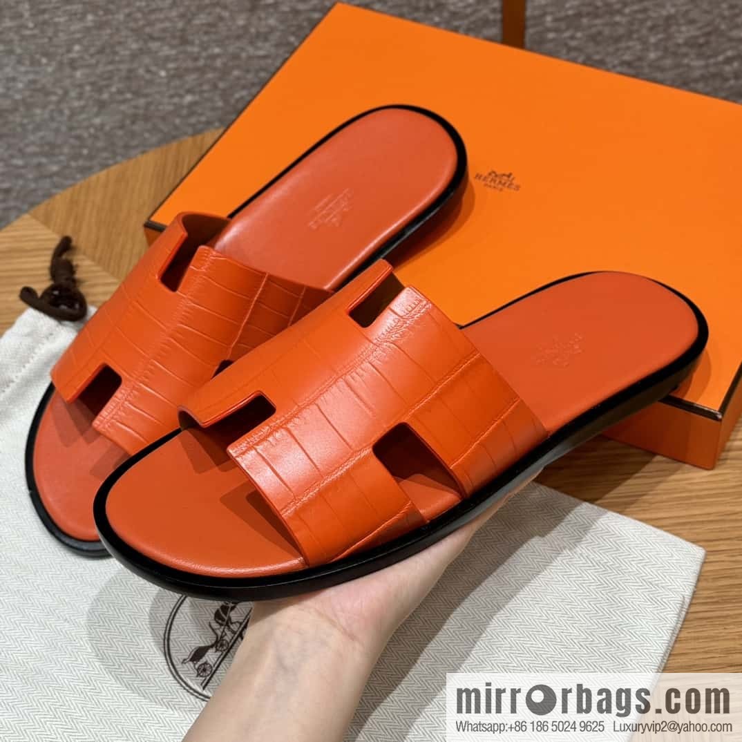 HERMES 182 -Lzmir Men's slippers 93/Orange/Orange alligator/Crocodile🐊