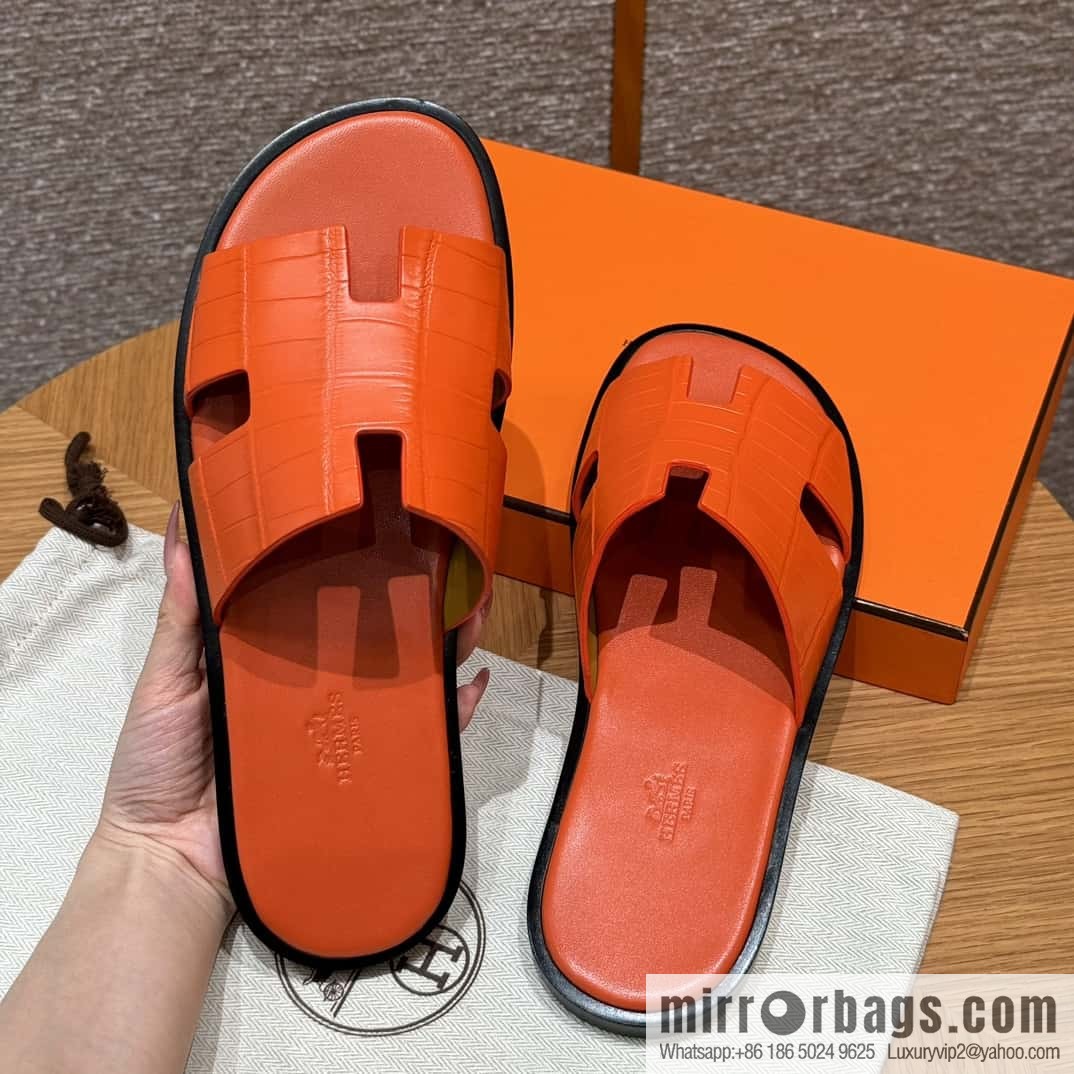 HERMES 182 -Lzmir Men's slippers 93/Orange/Orange alligator/Crocodile🐊