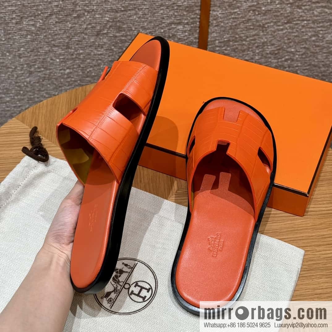 HERMES 182 -Lzmir Men's slippers 93/Orange/Orange alligator/Crocodile🐊