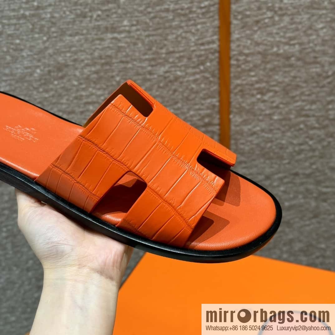 HERMES 182 -Lzmir Men's slippers 93/Orange/Orange alligator/Crocodile🐊